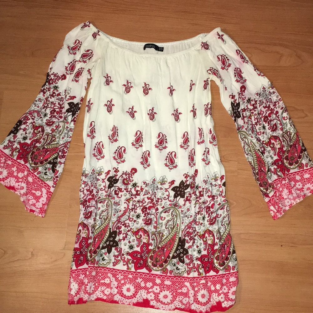 Red & white floral off the shoulder dress